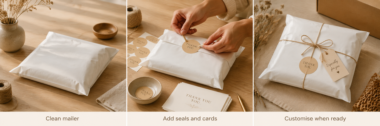 Three packing steps showing a clean mailer, added seals and cards, and a customised package
